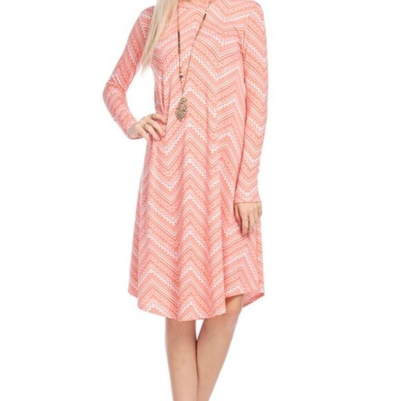 NEW! Cute Coral Color Chevron Pattern Long Sleeve Dress - Picture 2 of 3